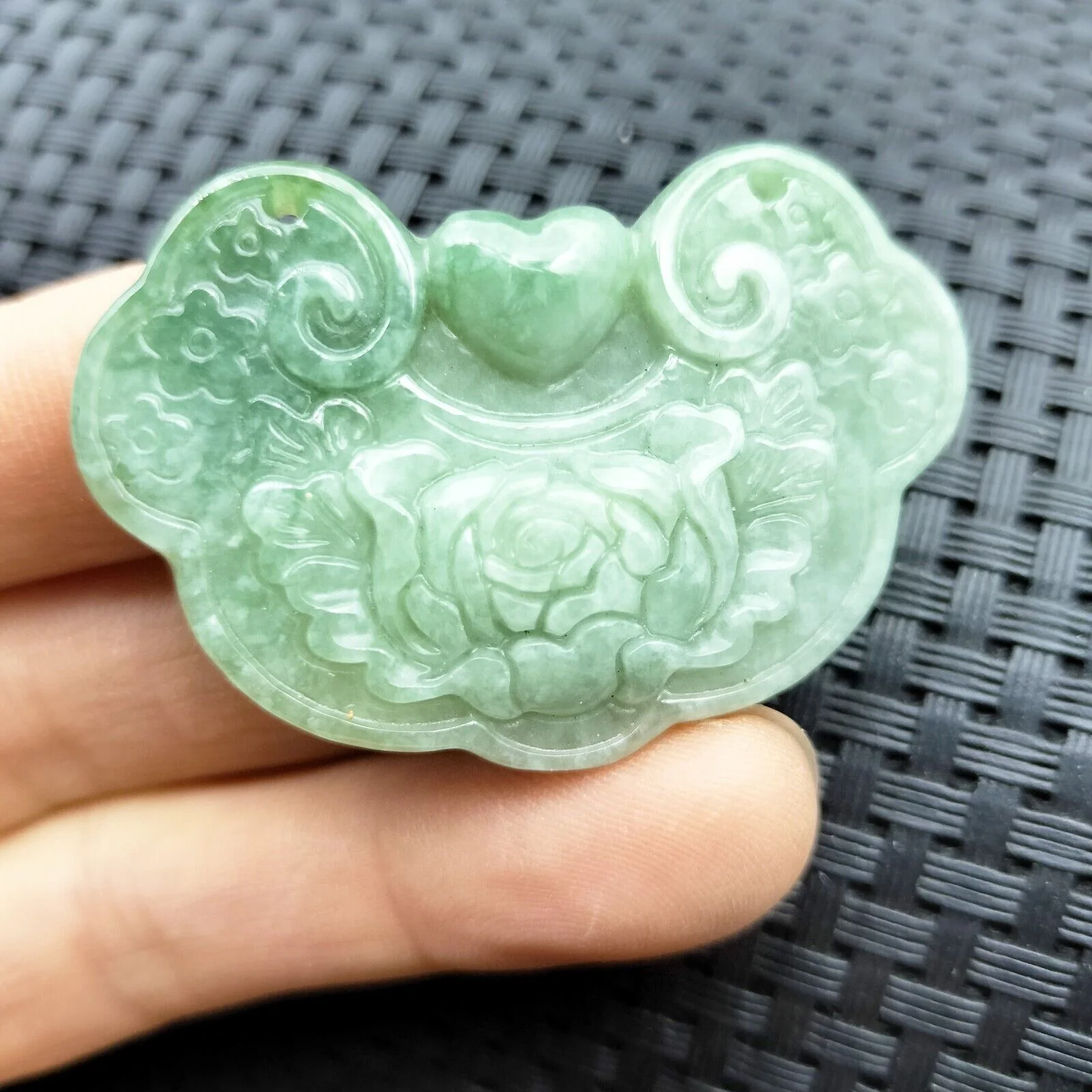 Certified Light Green Natural Type A Jade Jadeite Carved Flower Lock Pendant - Image 4
