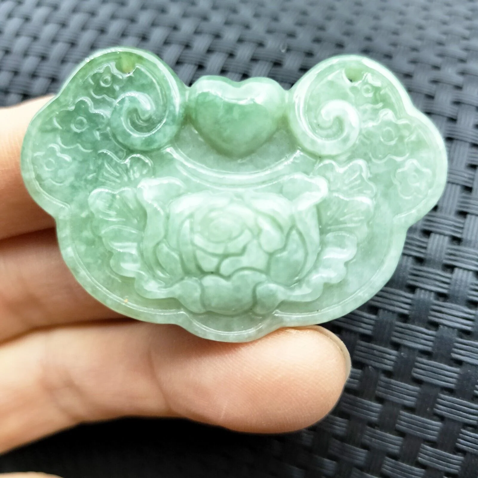 Certified Light Green Natural Type A Jade Jadeite Carved Flower Lock Pendant - Image 5