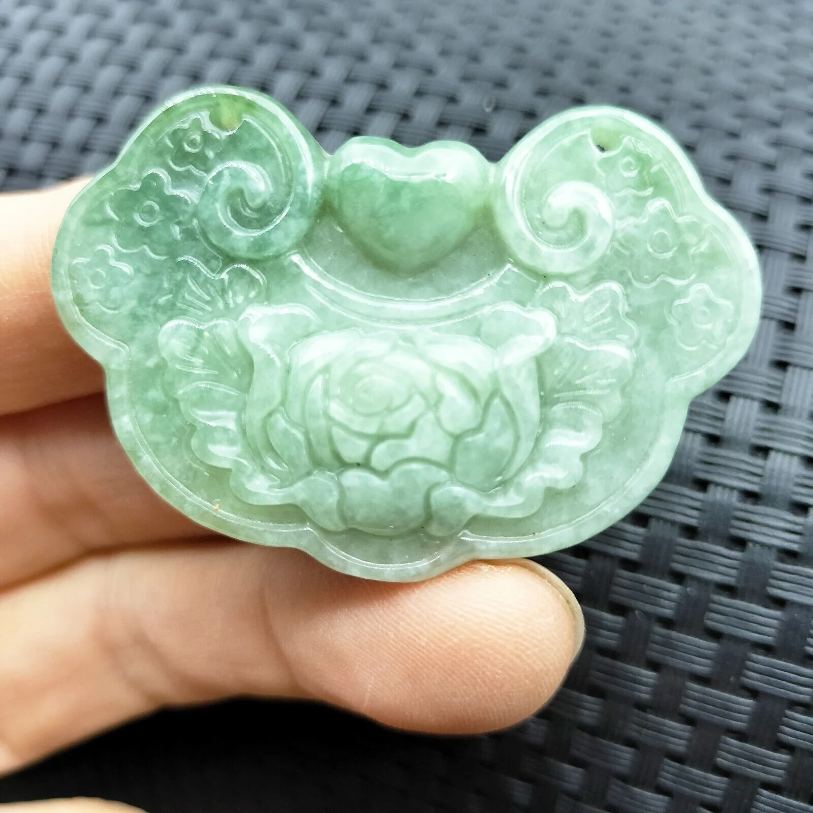 Certified Light Green Natural Type A Jade Jadeite Carved Flower Lock Pendant - Image 6