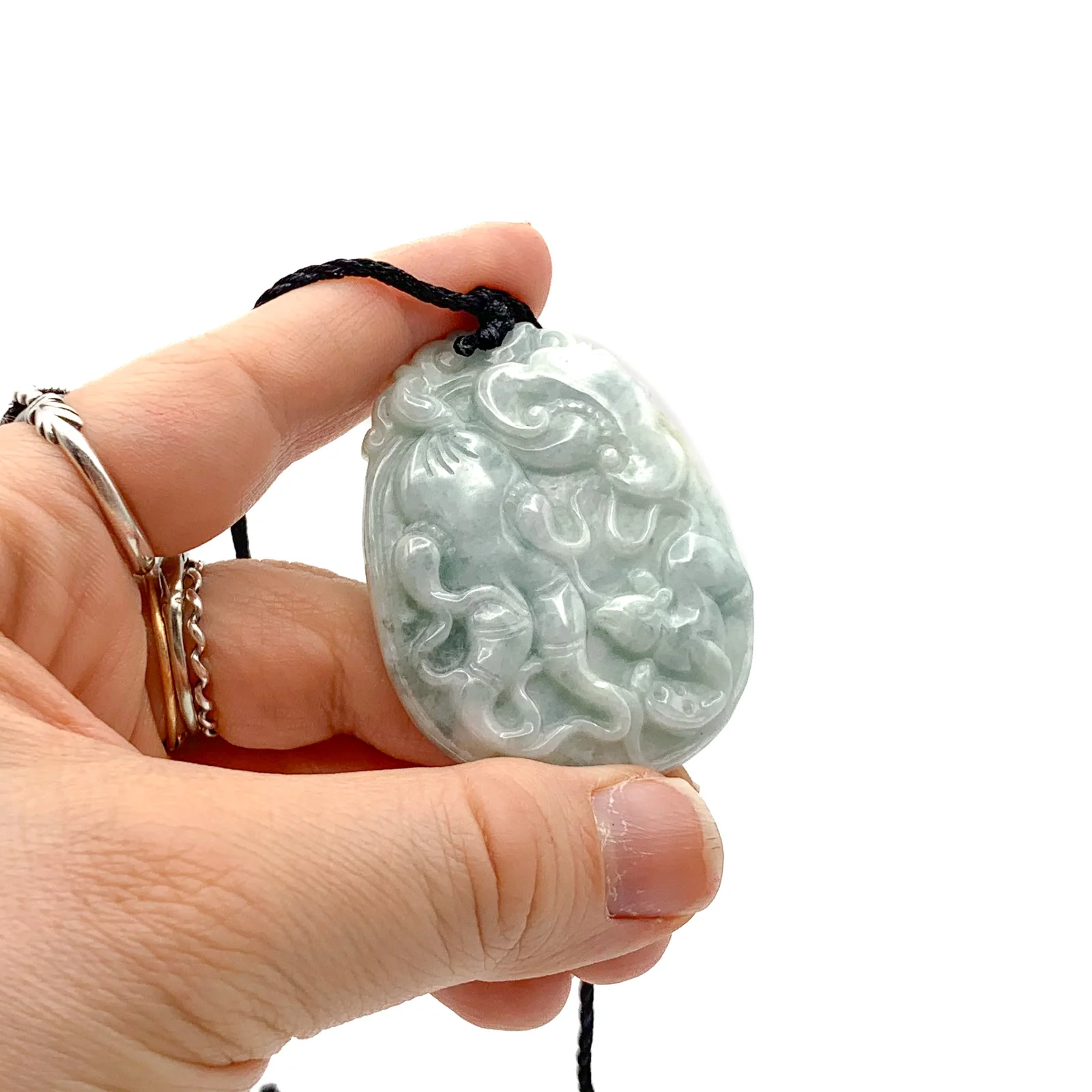 Certified Light Green Natural Type A Jadeite Carved Ginseng Ruyi Mouse Pendant - Image 2