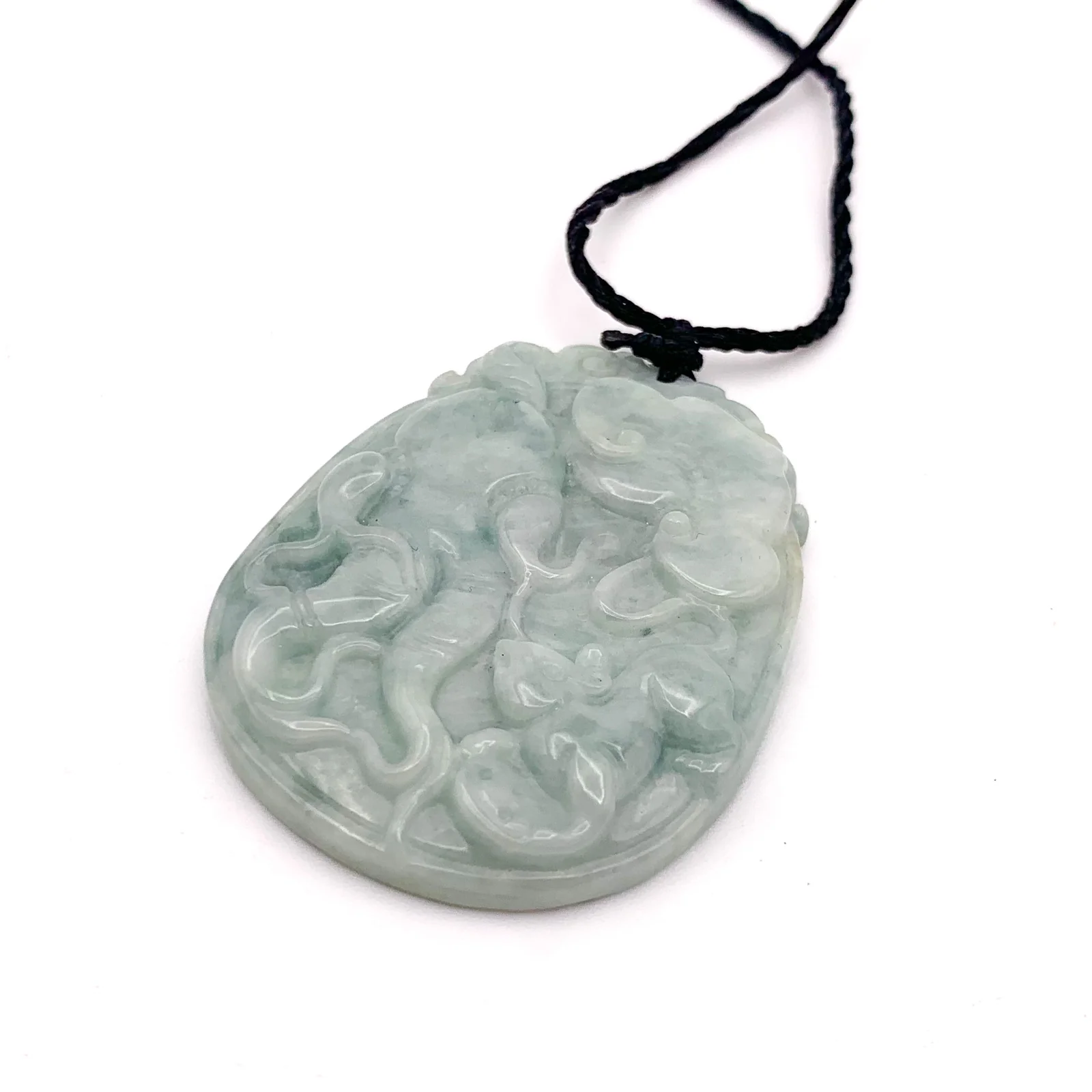 Certified Light Green Natural Type A Jadeite Carved Ginseng Ruyi Mouse Pendant - Image 4