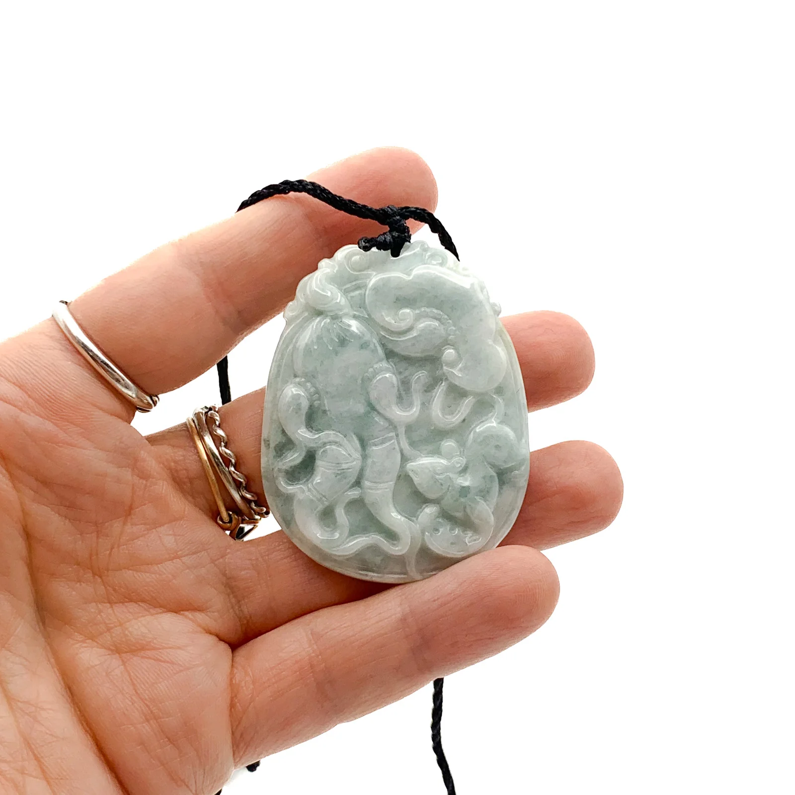 Certified Light Green Natural Type A Jadeite Carved Ginseng Ruyi Mouse Pendant - Image 6