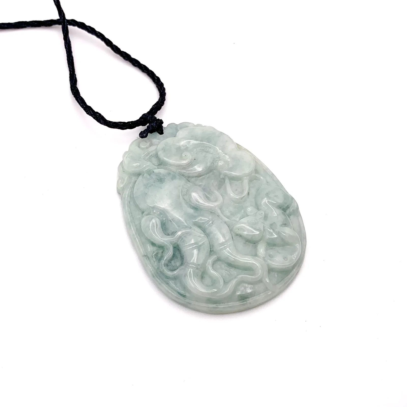 Certified Light Green Natural Type A Jadeite Carved Ginseng Ruyi Mouse Pendant - Image 8