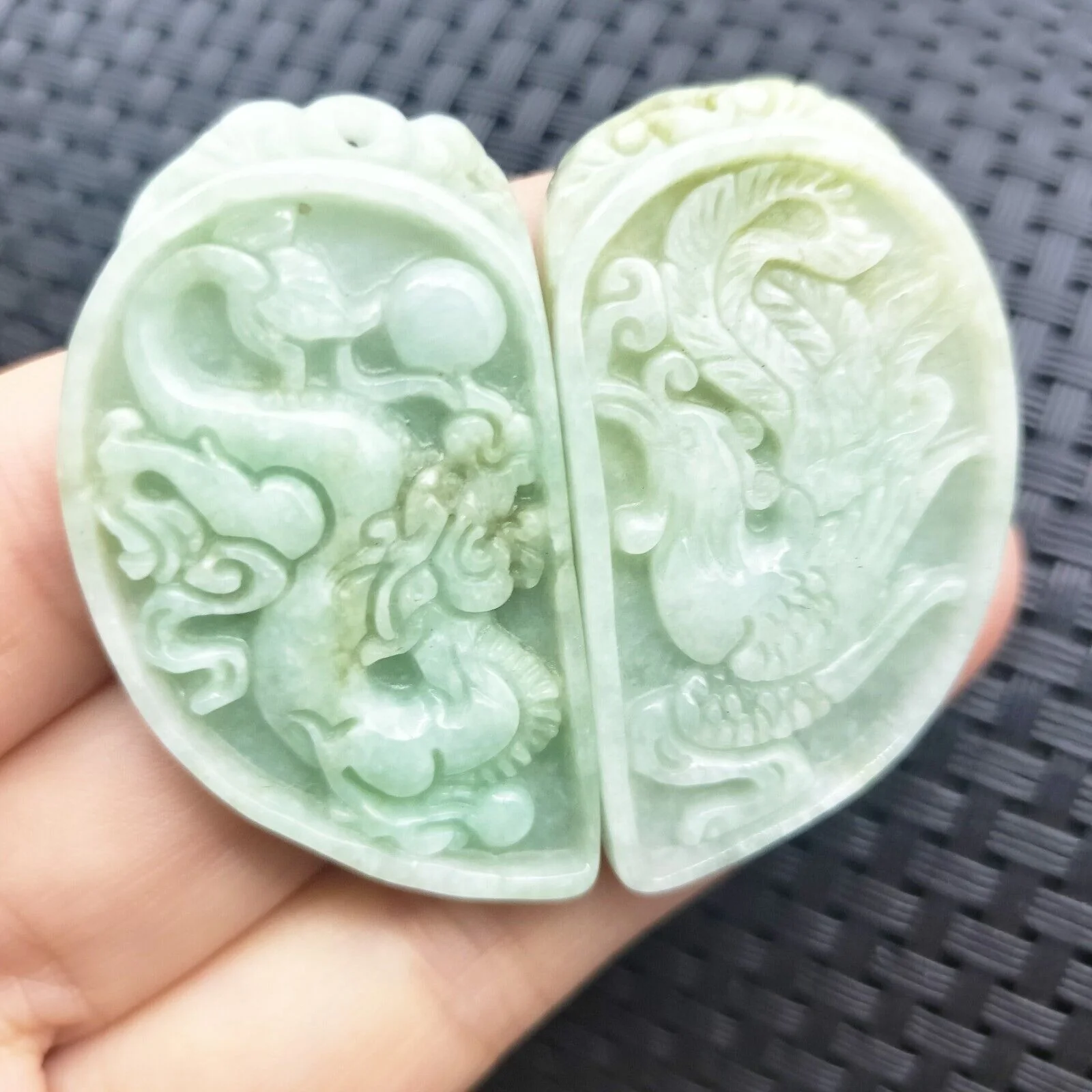 Certified Light Green Natural Type A Jadeite Dragon Phoenix (Pair) Pendants - Image 2