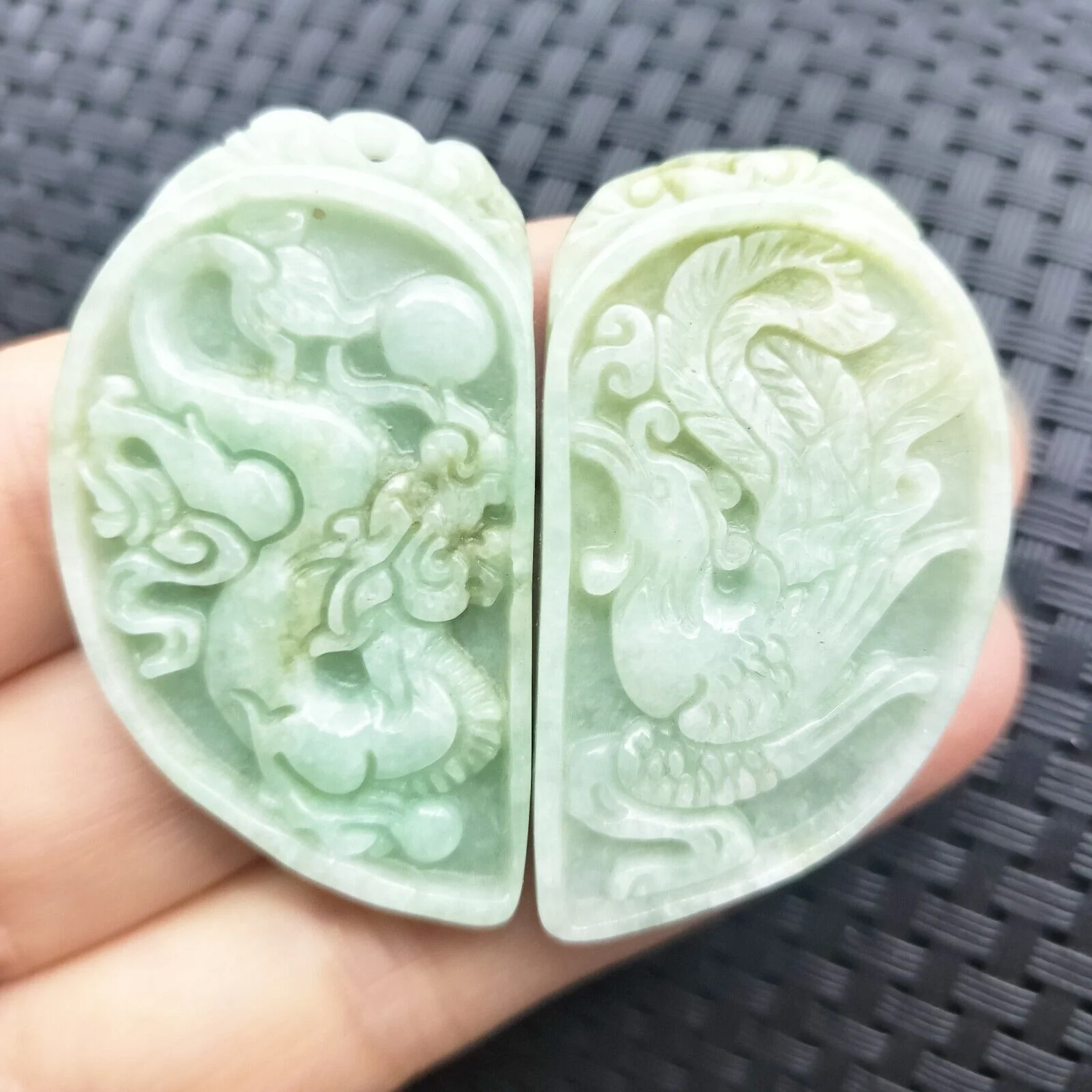 Certified Light Green Natural Type A Jadeite Dragon Phoenix (Pair) Pendants - Image 3