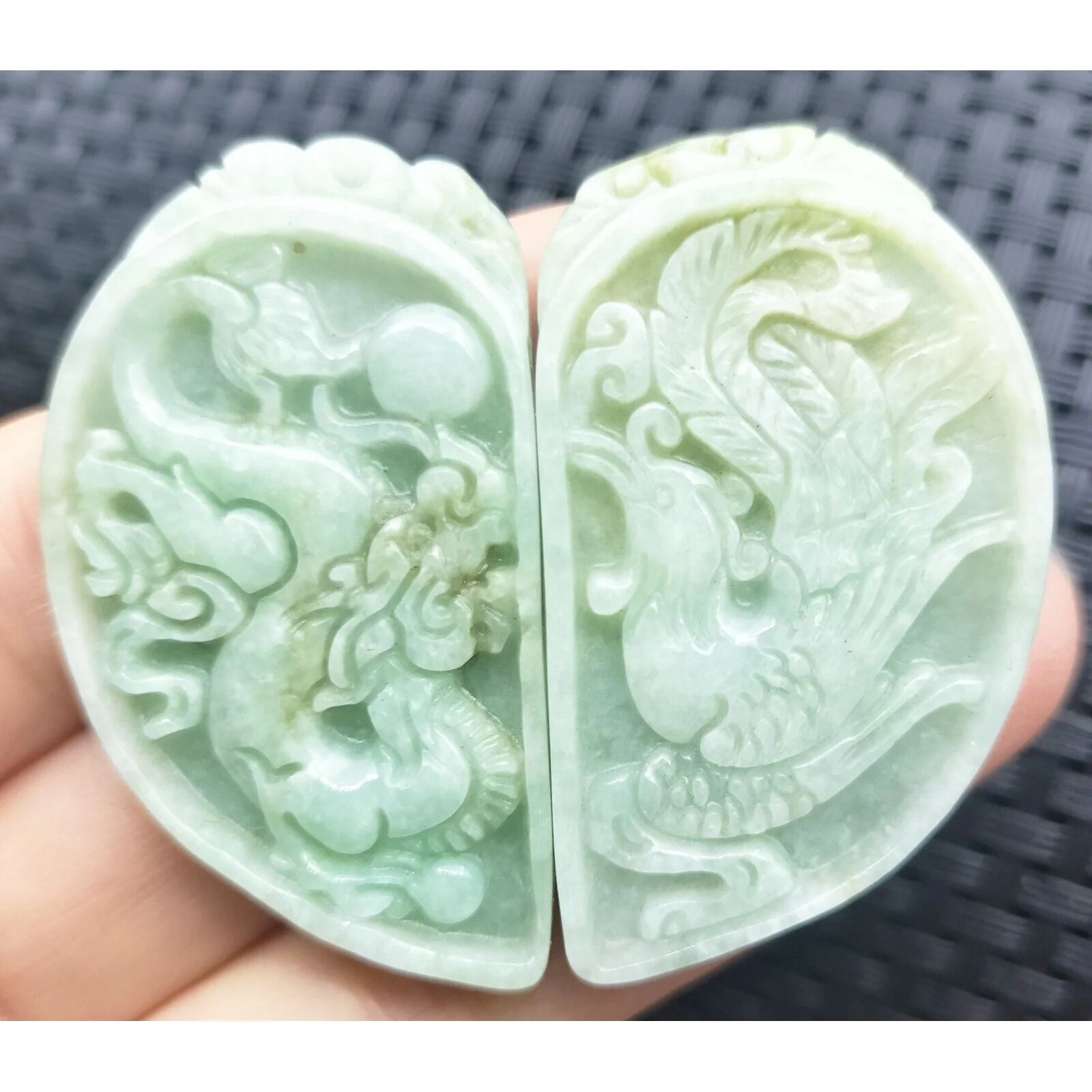 Certified Light Green Natural Type A Jadeite Dragon Phoenix (Pair) Pendants - Image 4