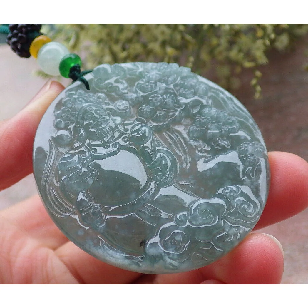Certified Natural A Jade Jadeite Pendant Money God Caishen and Tree Necklace - Image 2