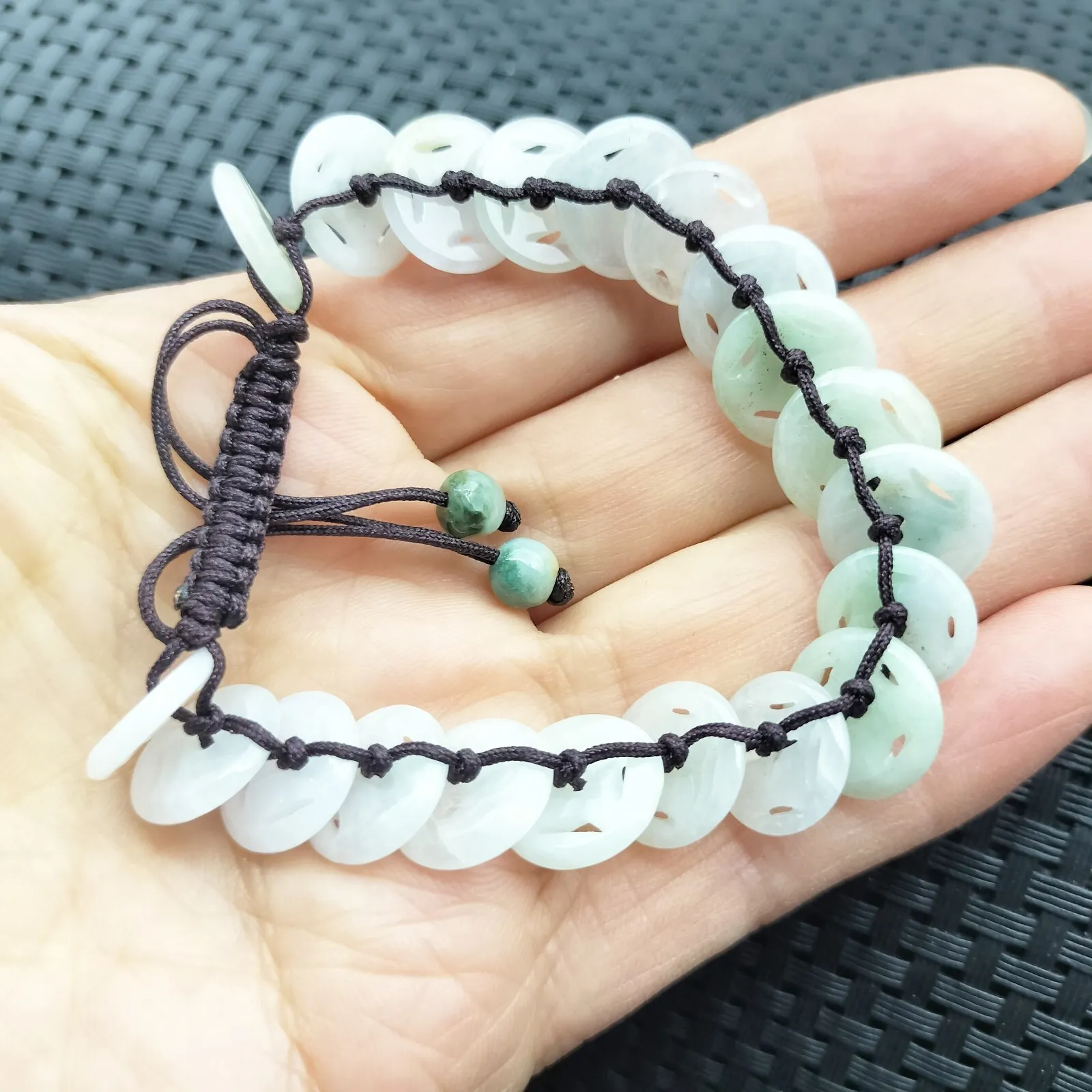 Certified Natural Type A Jade Jadeite Hand-Knitting Circle Coin Beads Bracelet - Image 6