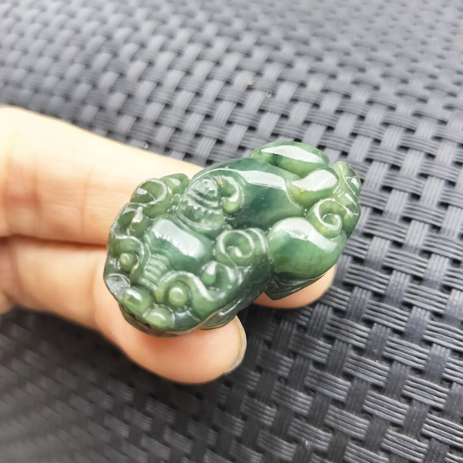 Certified Oily Green Natural Type A Jadeite Carved Dragon Pi Xiu Coin Pendant - Image 5