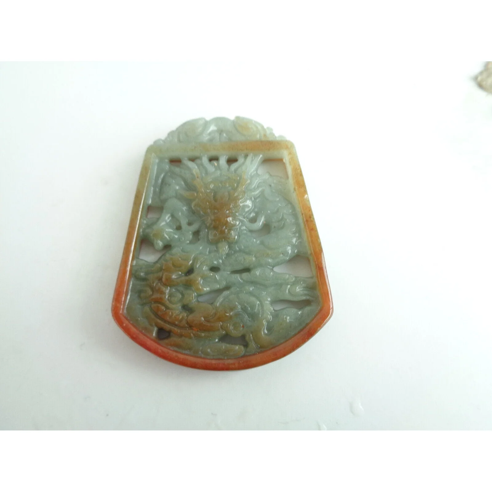 Certified Orange Green A Jade Jadeite Carved Hollowed Out Dragon Ruyi Pendant - Image 2