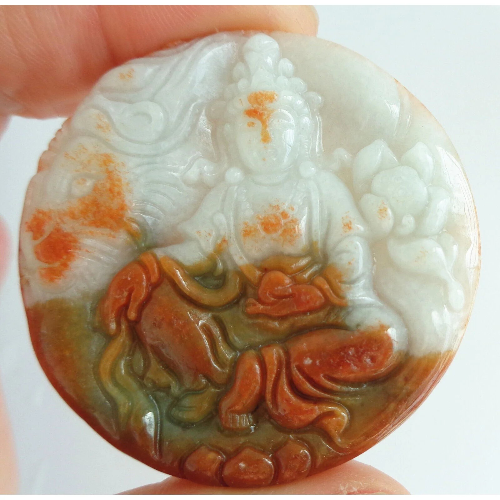 Certified Orange Green Natural A Jadeite Carved Guanyin Kwan Yin God Pendant - Image 2