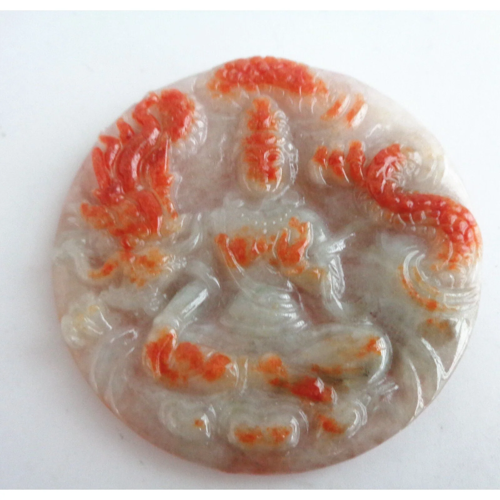 Certified Orange Green Natural A Jadeite Guanyin Kwan Yin God Dragon Pendant - Image 2