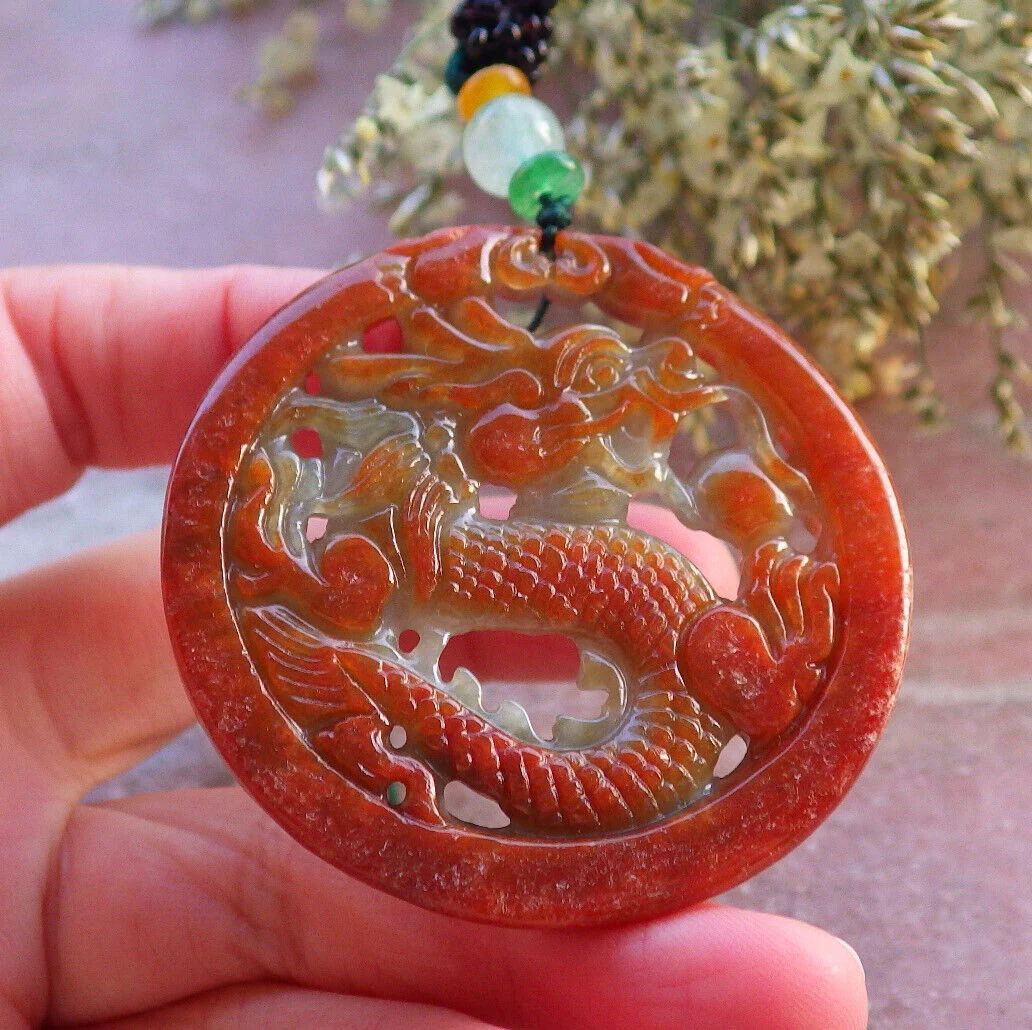 Certified Red 100% Burma Natural A Jade Jadeite Pendant Dragon Circle Necklace - Image 2