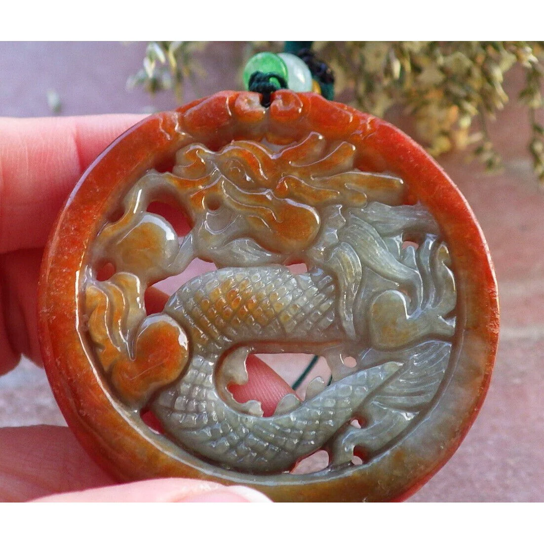 Certified Red 100% Burma Natural A Jade Jadeite Pendant Dragon Circle Necklace - Image 3