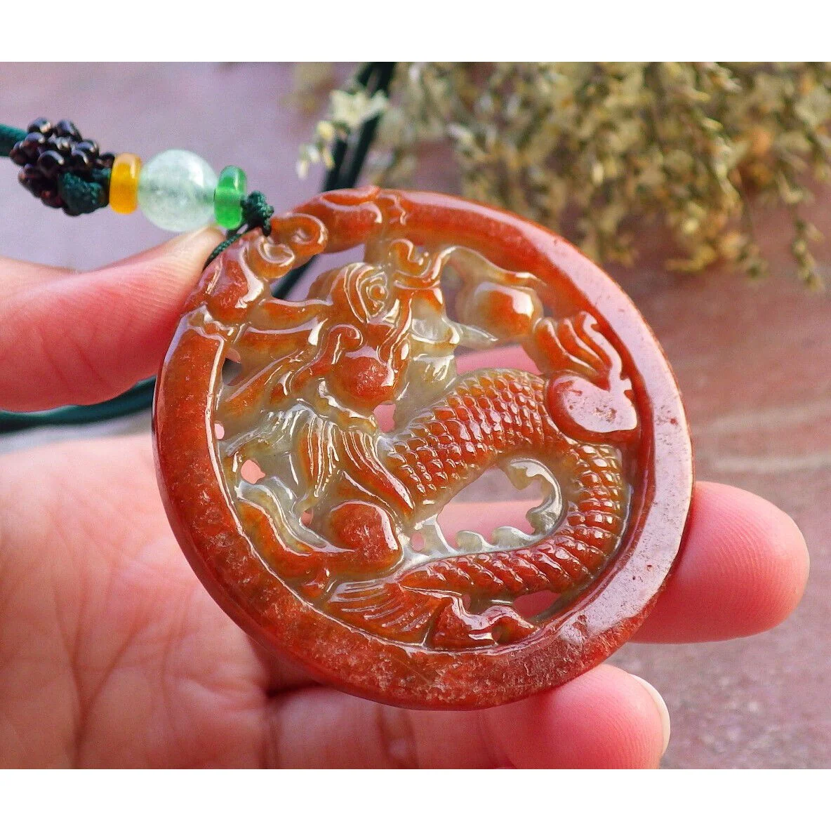 Certified Red 100% Burma Natural A Jade Jadeite Pendant Dragon Circle Necklace - Image 4