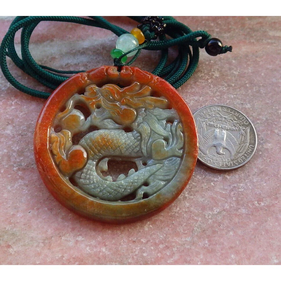 Certified Red 100% Burma Natural A Jade Jadeite Pendant Dragon Circle Necklace - Image 5