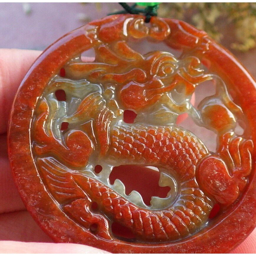 Certified Red 100% Burma Natural A Jade Jadeite Pendant Dragon Circle Necklace - Image 6