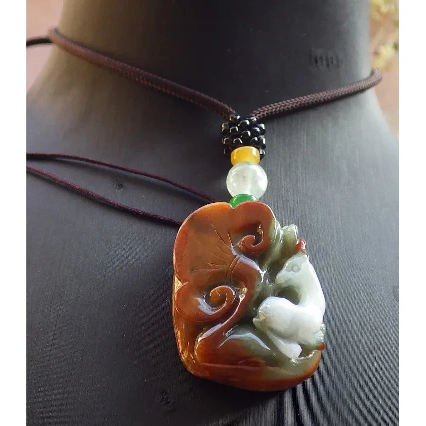 Certified Red Burma Natural A Jade Jadeite Pendant Deer Ruyi Flower - Image 2