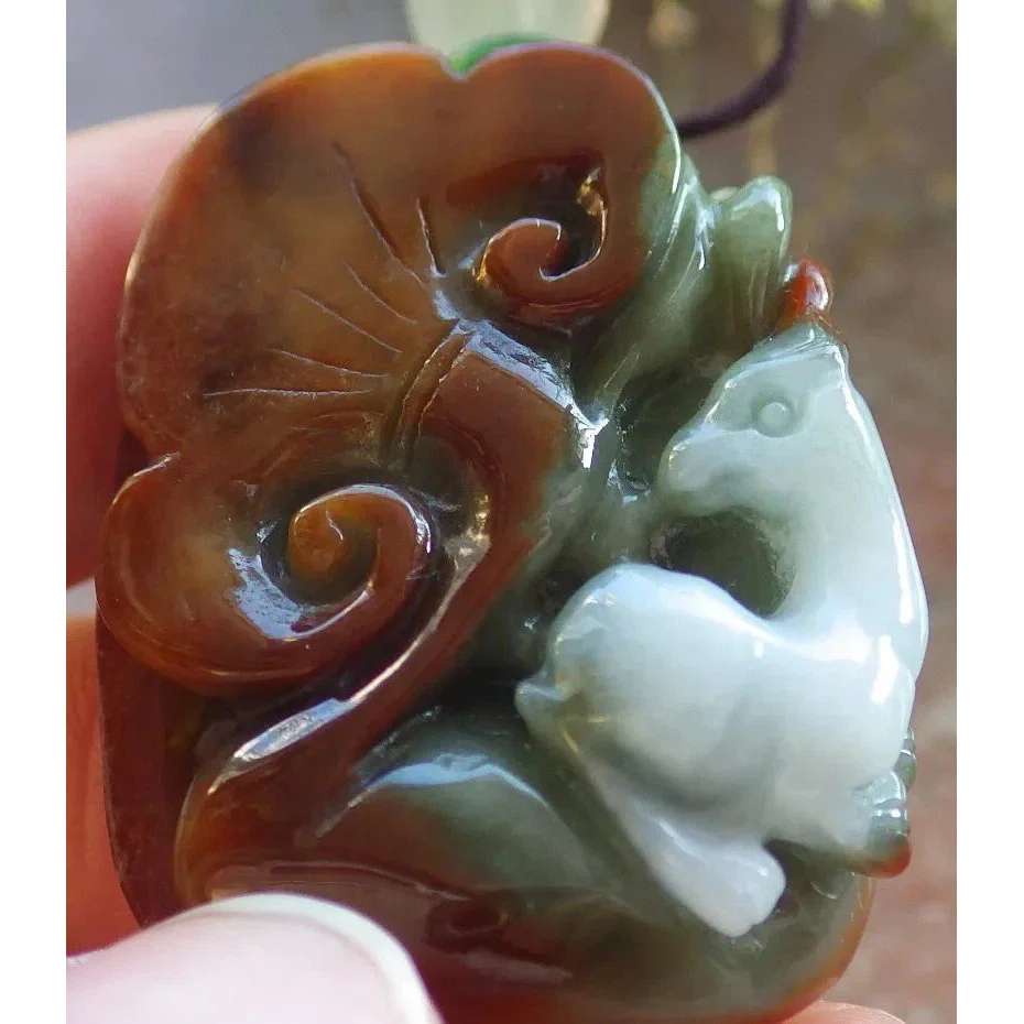 Certified Red Burma Natural A Jade Jadeite Pendant Deer Ruyi Flower - Image 3