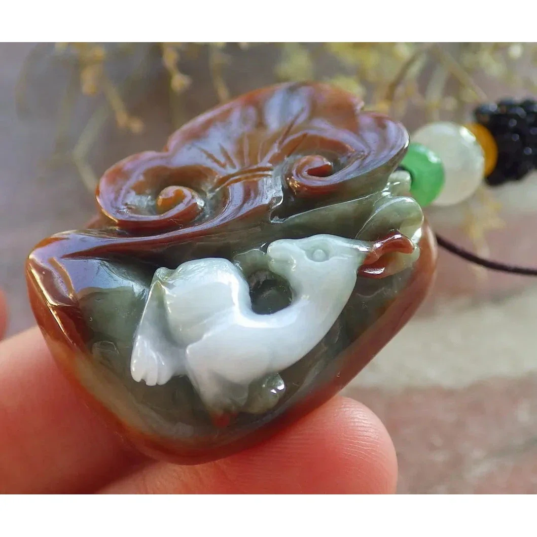Certified Red Burma Natural A Jade Jadeite Pendant Deer Ruyi Flower - Image 5