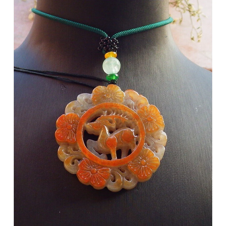 Certified Red Burma Natural A Jade Jadeite Pendant Deer Ruyi Flower Necklace - Image 6