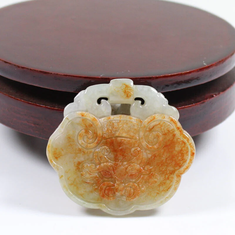 Certified Red Green Burma 100% A Jade Jadeite Pendant Lock Ruyi Necklace - Image 5