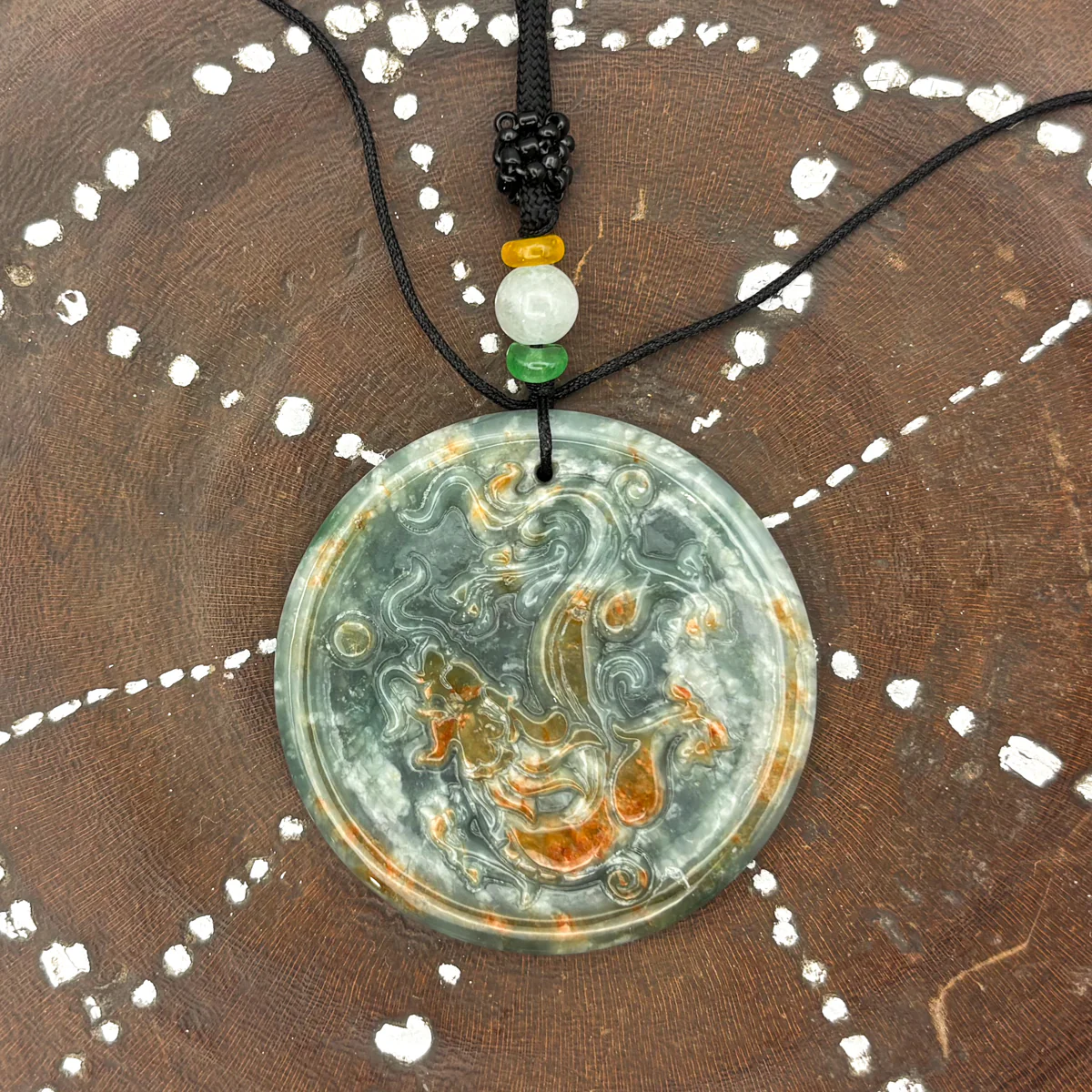 Certified Red Green Burma Natural A Jade Jadeite Pendant Dragon Bead Necklace - Image 3
