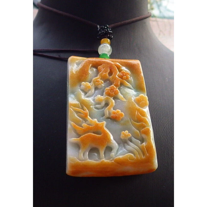Certified Golden Lavender Celadon  Burma Natural A Jade Jadeite Pendant Deer Flower - Image 2