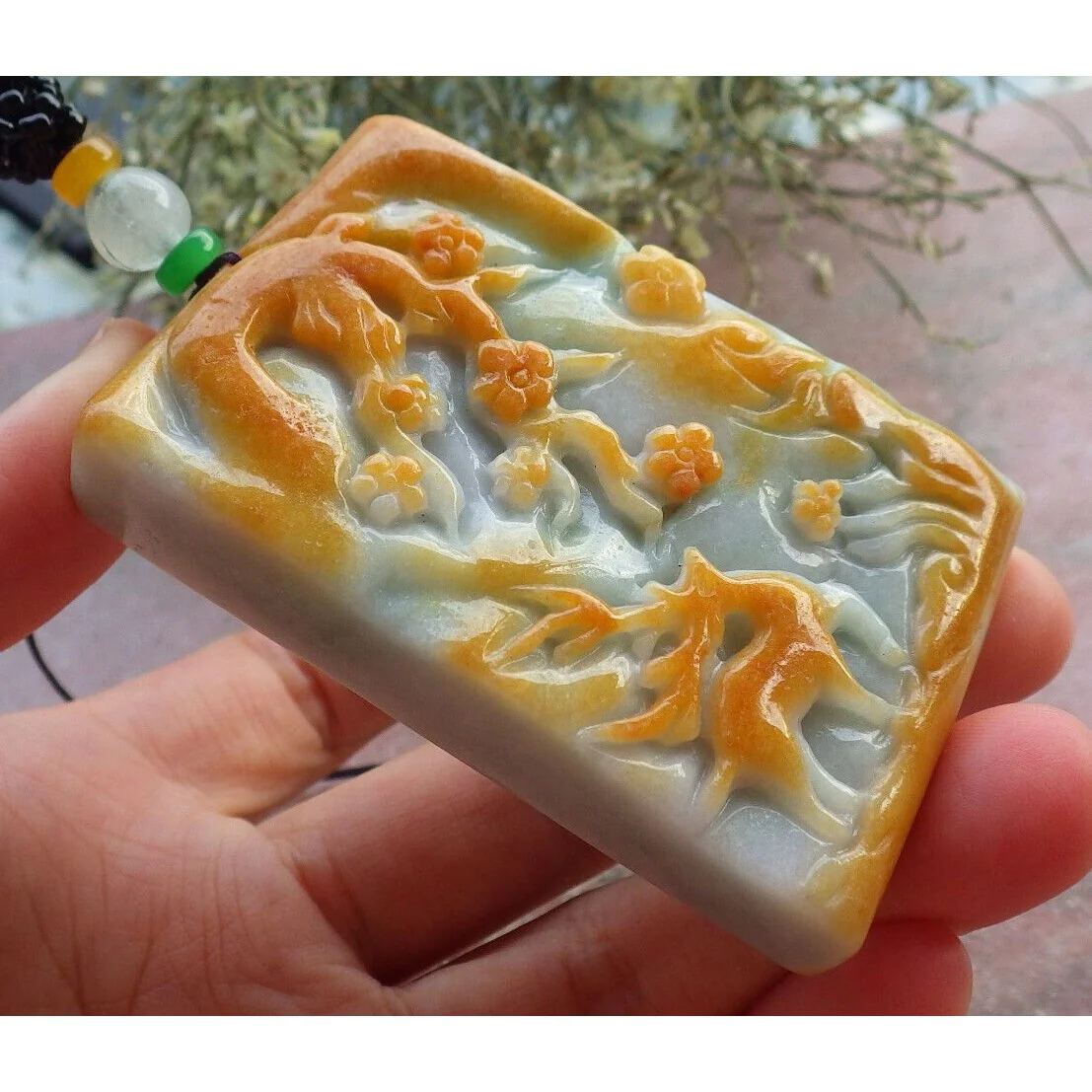 Certified Golden Lavender Celadon  Burma Natural A Jade Jadeite Pendant Deer Flower - Image 3