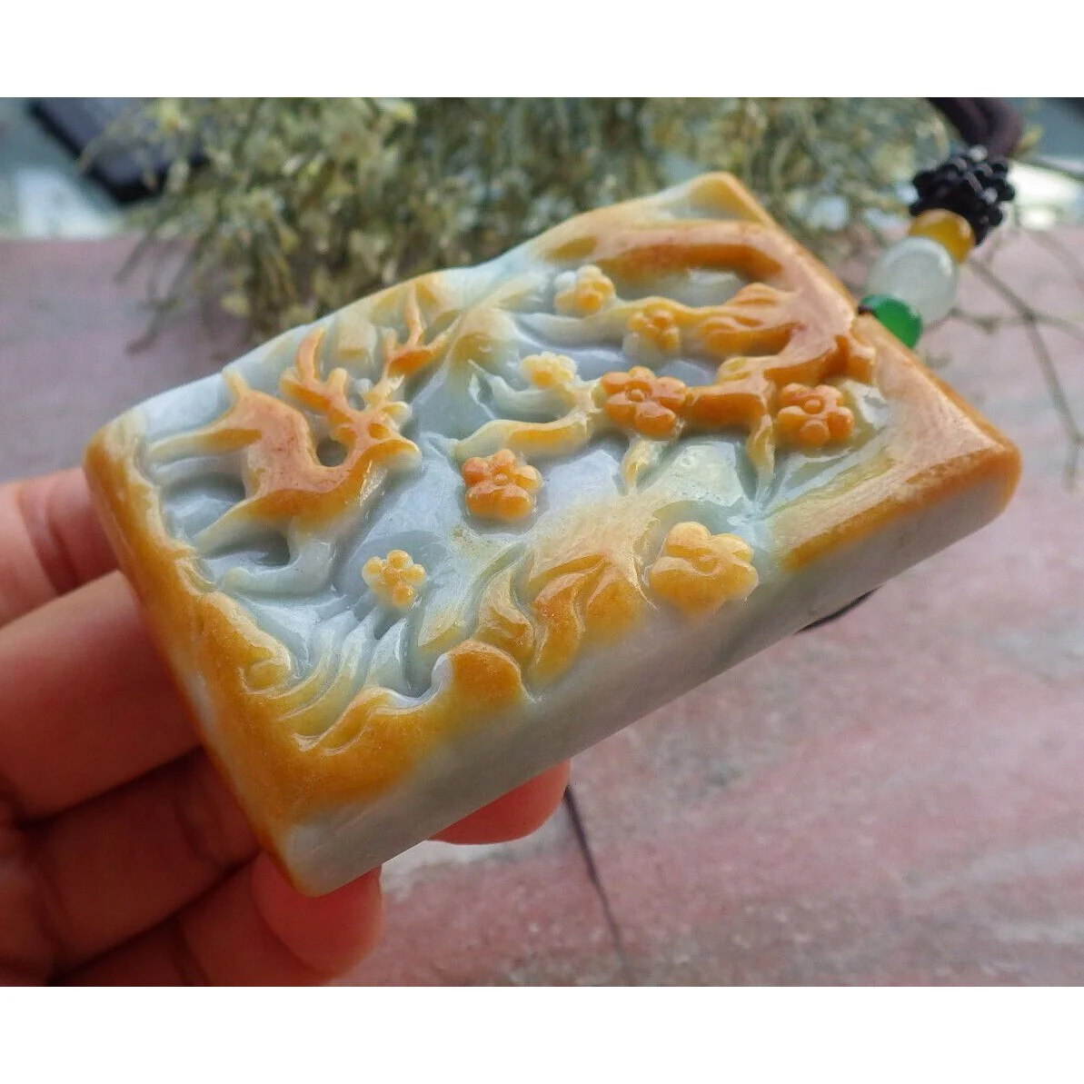 Certified Golden Lavender Celadon  Burma Natural A Jade Jadeite Pendant Deer Flower - Image 4