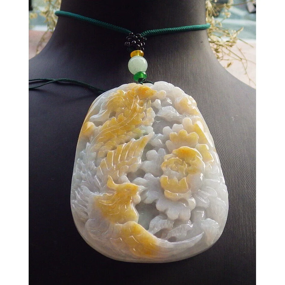 Certified Yellow Burma Natural A Jade Jadeite Pendant Phoenix Flower Necklace - Image 2