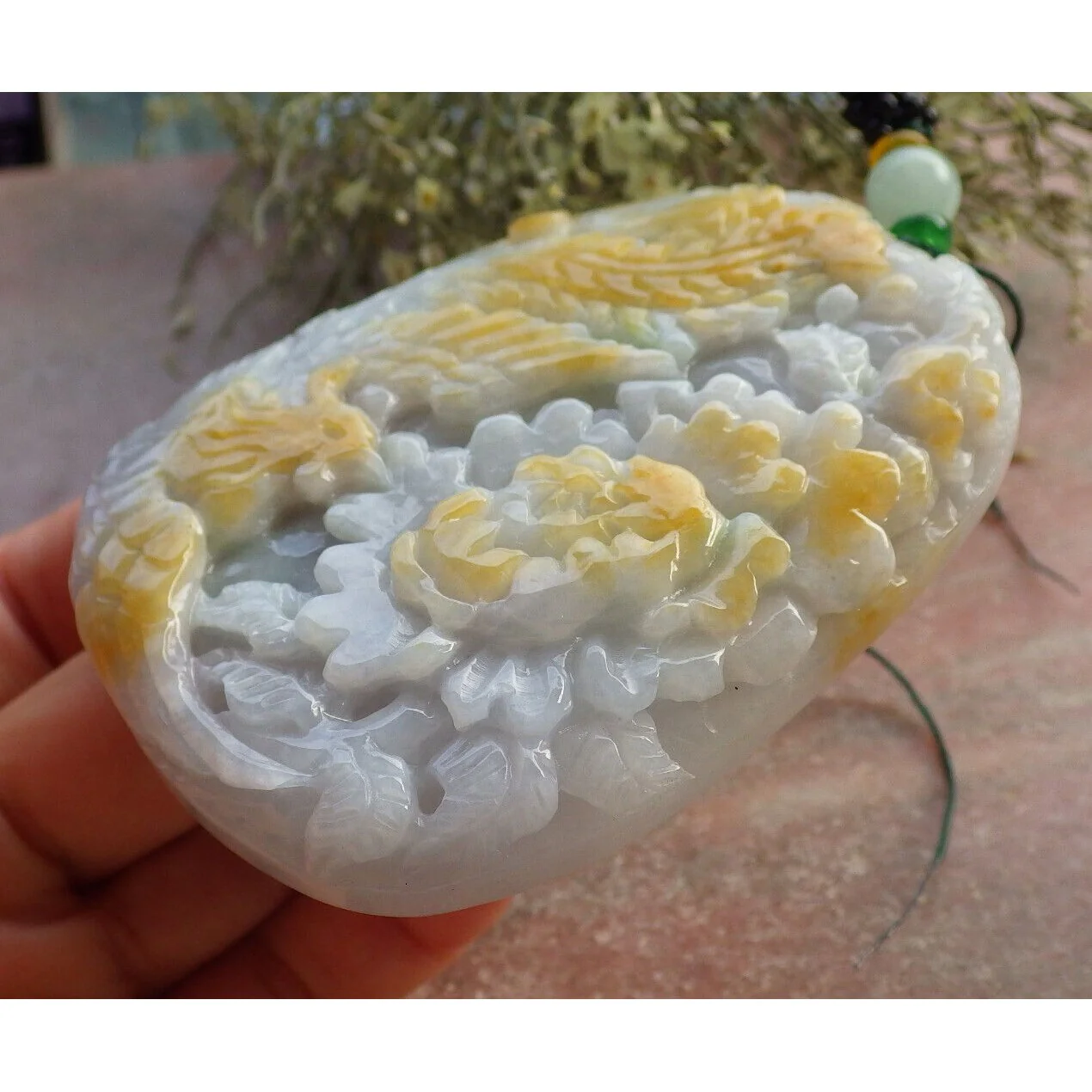 Certified Yellow Burma Natural A Jade Jadeite Pendant Phoenix Flower Necklace - Image 4