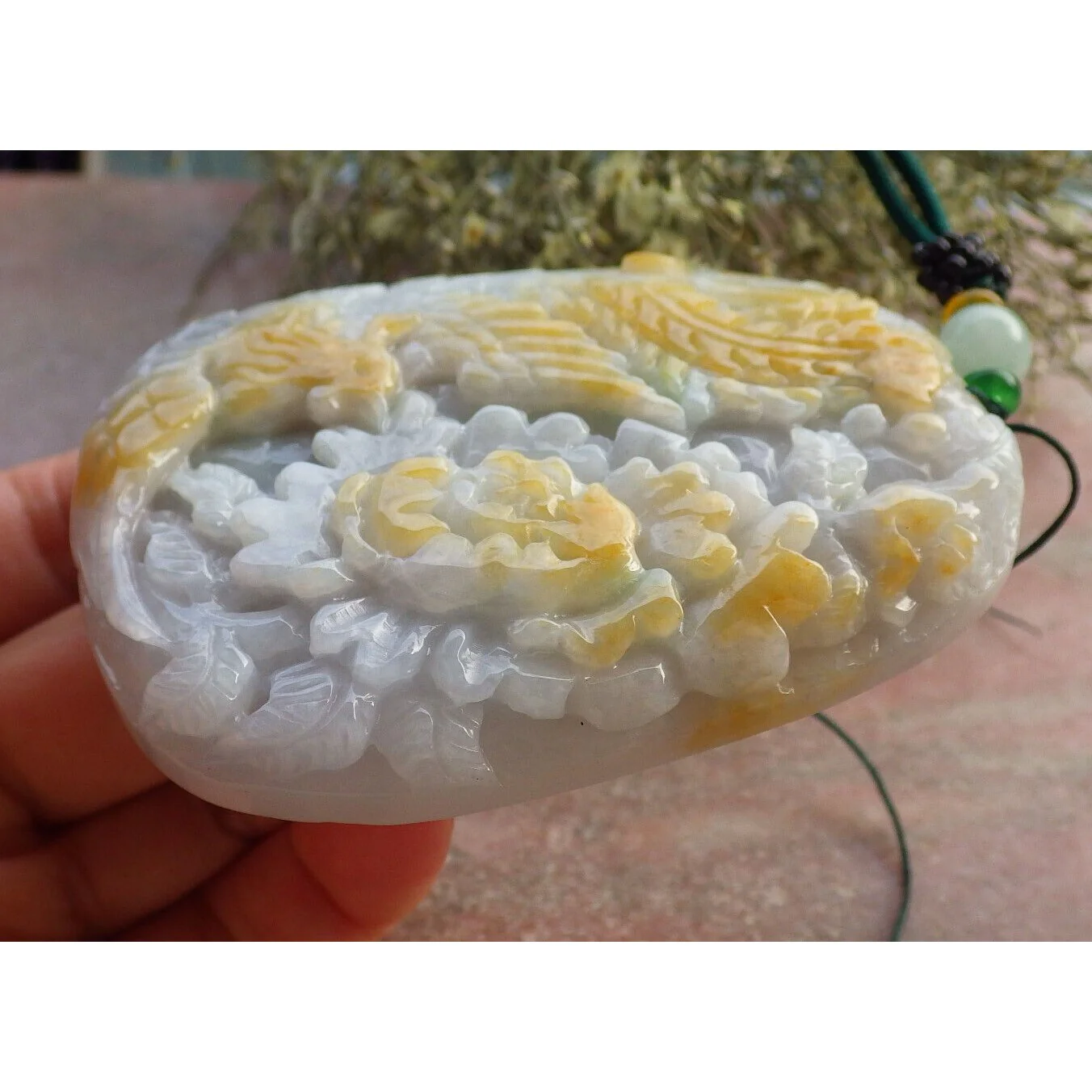 Certified Yellow Burma Natural A Jade Jadeite Pendant Phoenix Flower Necklace - Image 5