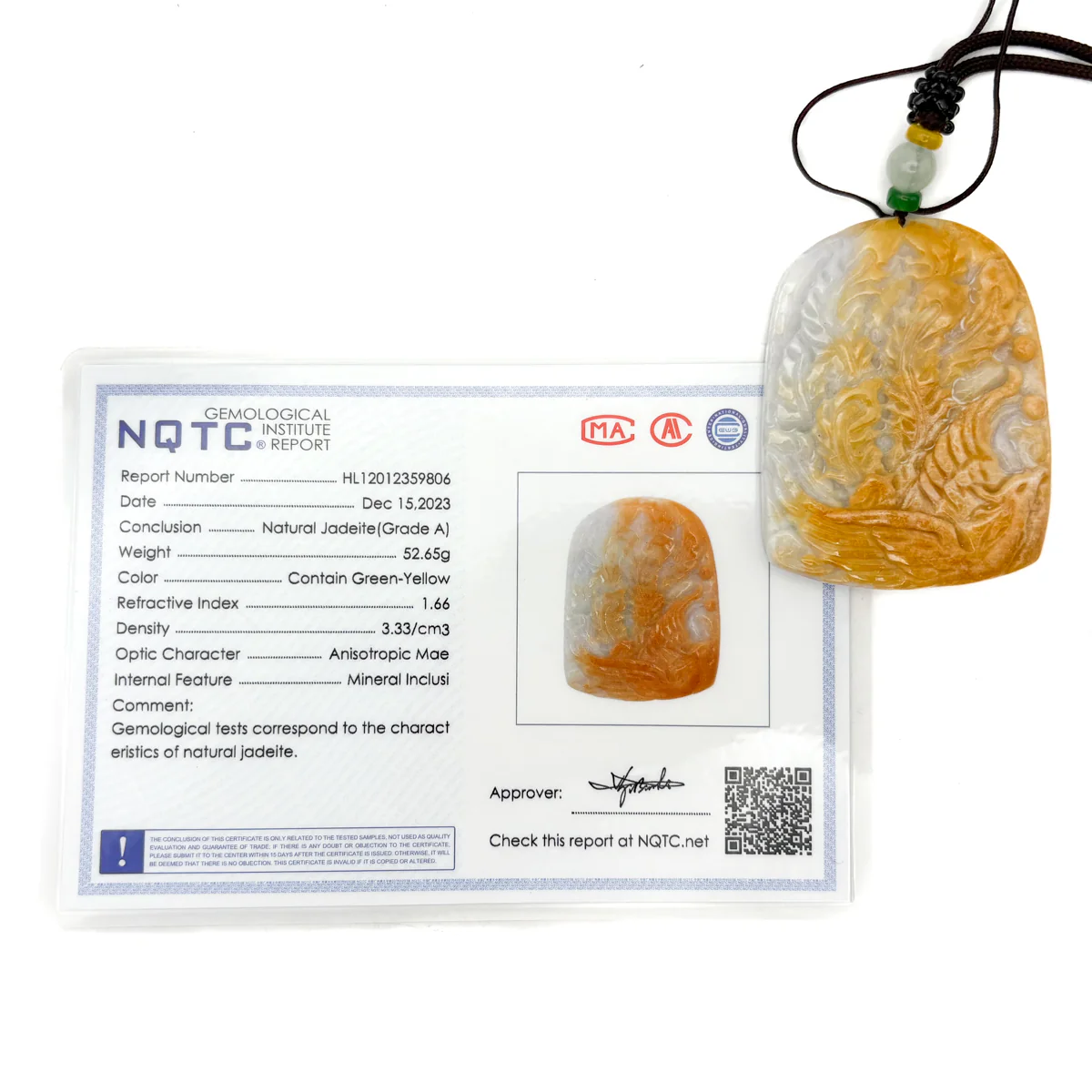 Certified Yellow  Natural A Jade Jadeite Pendant Phoenix Flower Necklace - Image 13