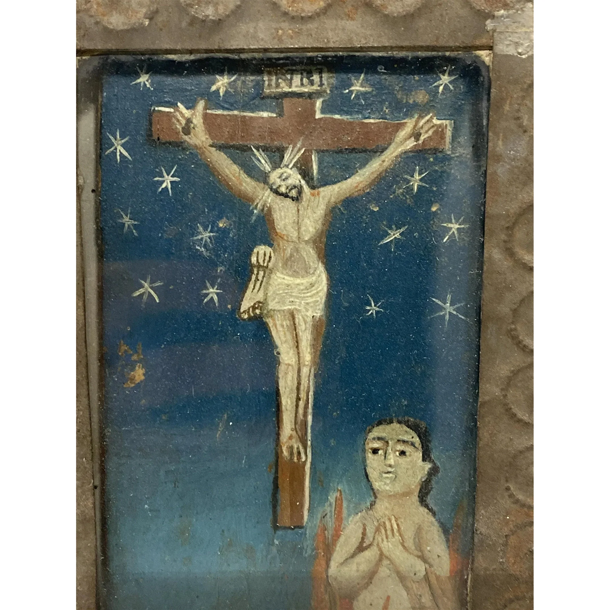 Christ Crucified Spanish Colonial Retablo in Original Tin Nicho - Image 2