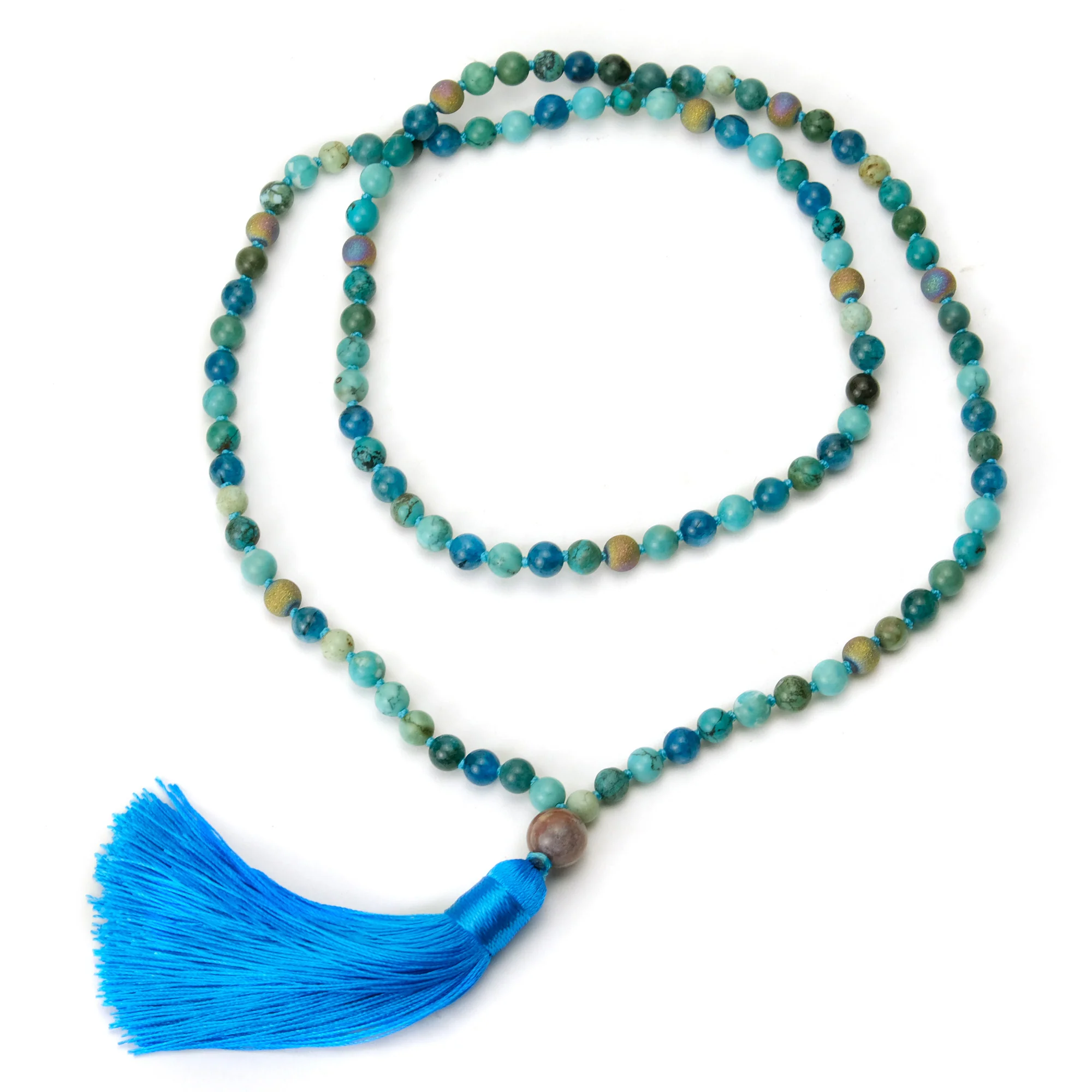 Chrysocolla 6mm Knotted Mala with Silk Tassel #106 - Image 3