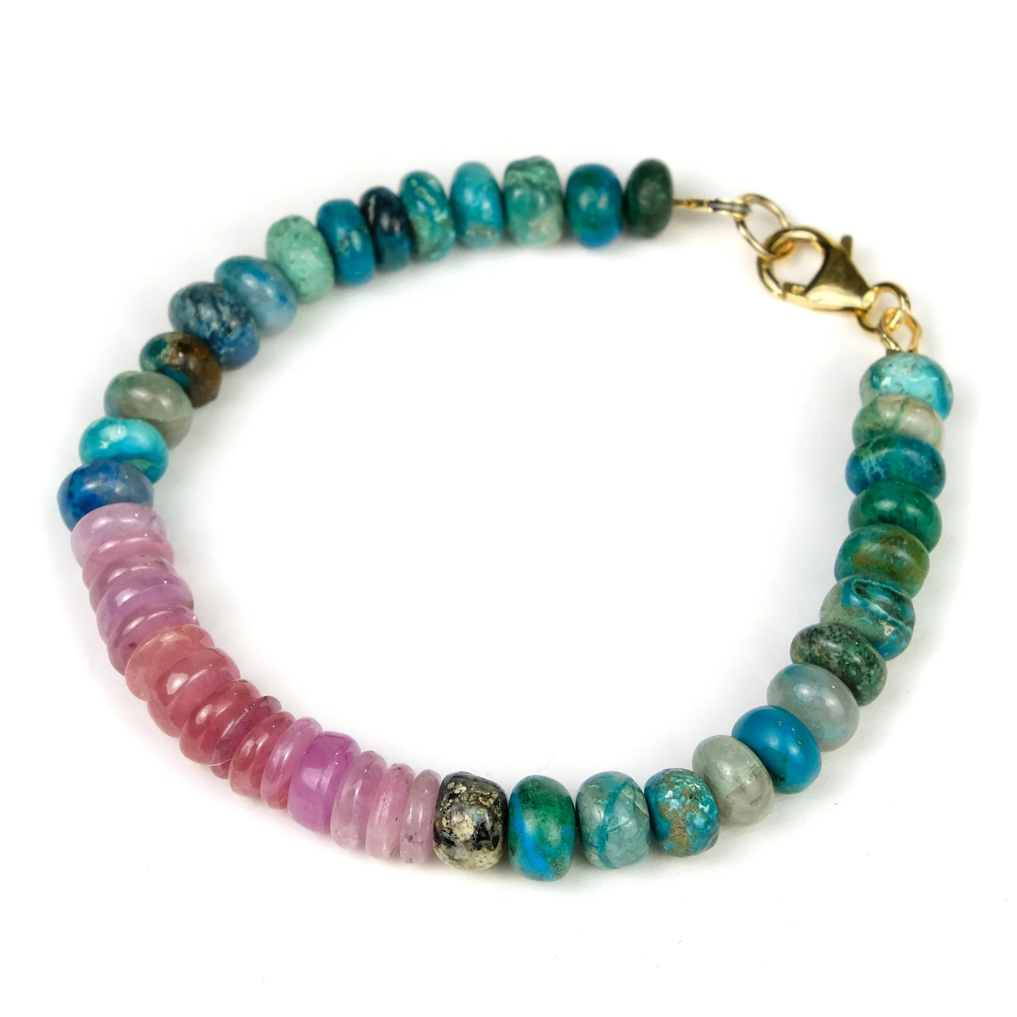 Chrysocolla & Pink Sapphire 7mm Rondelle Bracelet with Gold Filled Trigger Clasp - Image 2