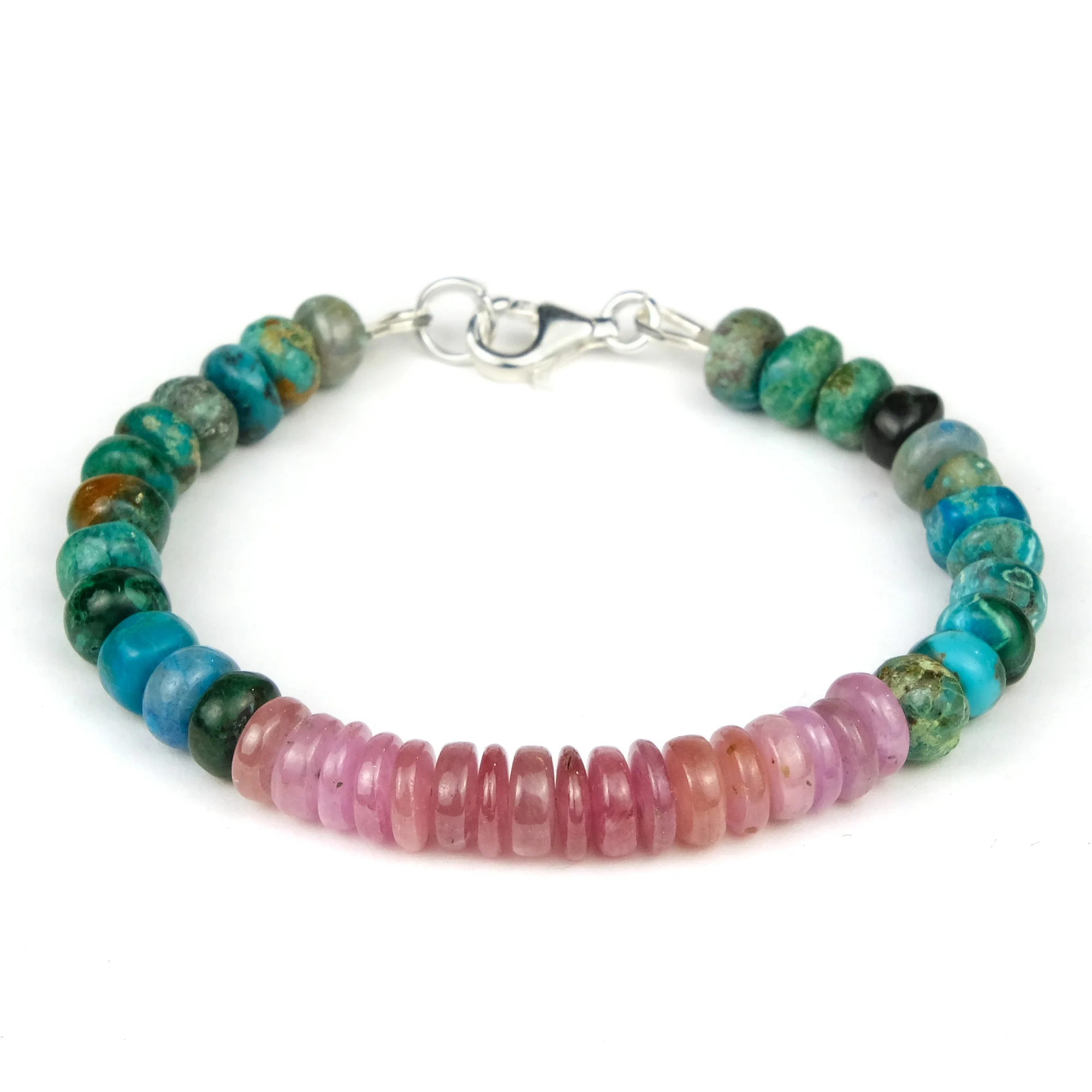 Chrysocolla + Sapphire 7mm Rondelle Bracelet with Sterling Silver Trigger Clasp - Image 2