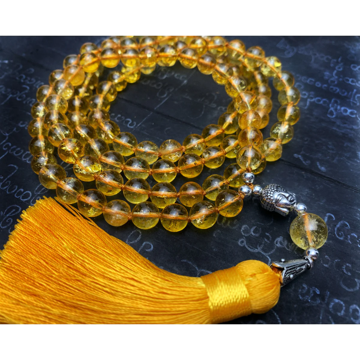 Citrine 8mm Knotted Mala with Buddha Bead and Silk Tassel #109 - Image 2