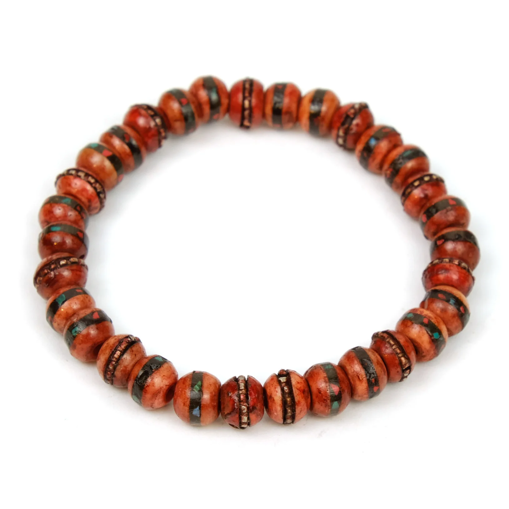Inlaid Yak Bone Stretch Bracelet 8mm Red - Image 2