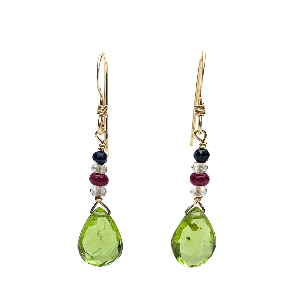 Peridot, Sapphire and Ruby Earrings with Gold Filled Ear Wires - Image 2