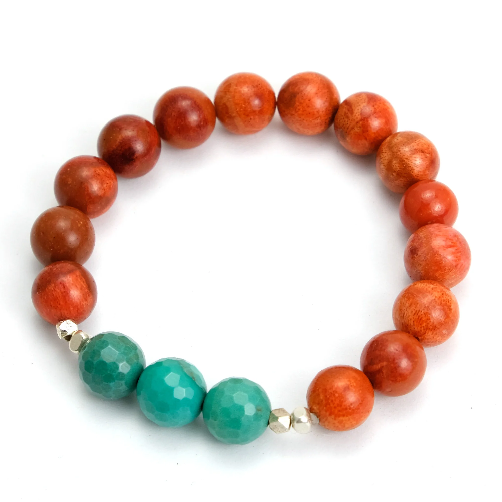 Coral and Chrysoprase Stretch Bracelet - Image 2