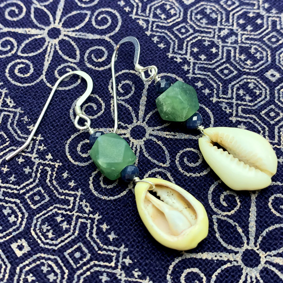 Cowrie Shell With Serpentine and Sapphire Earrings With Sterling Silver French Wires - Image 2