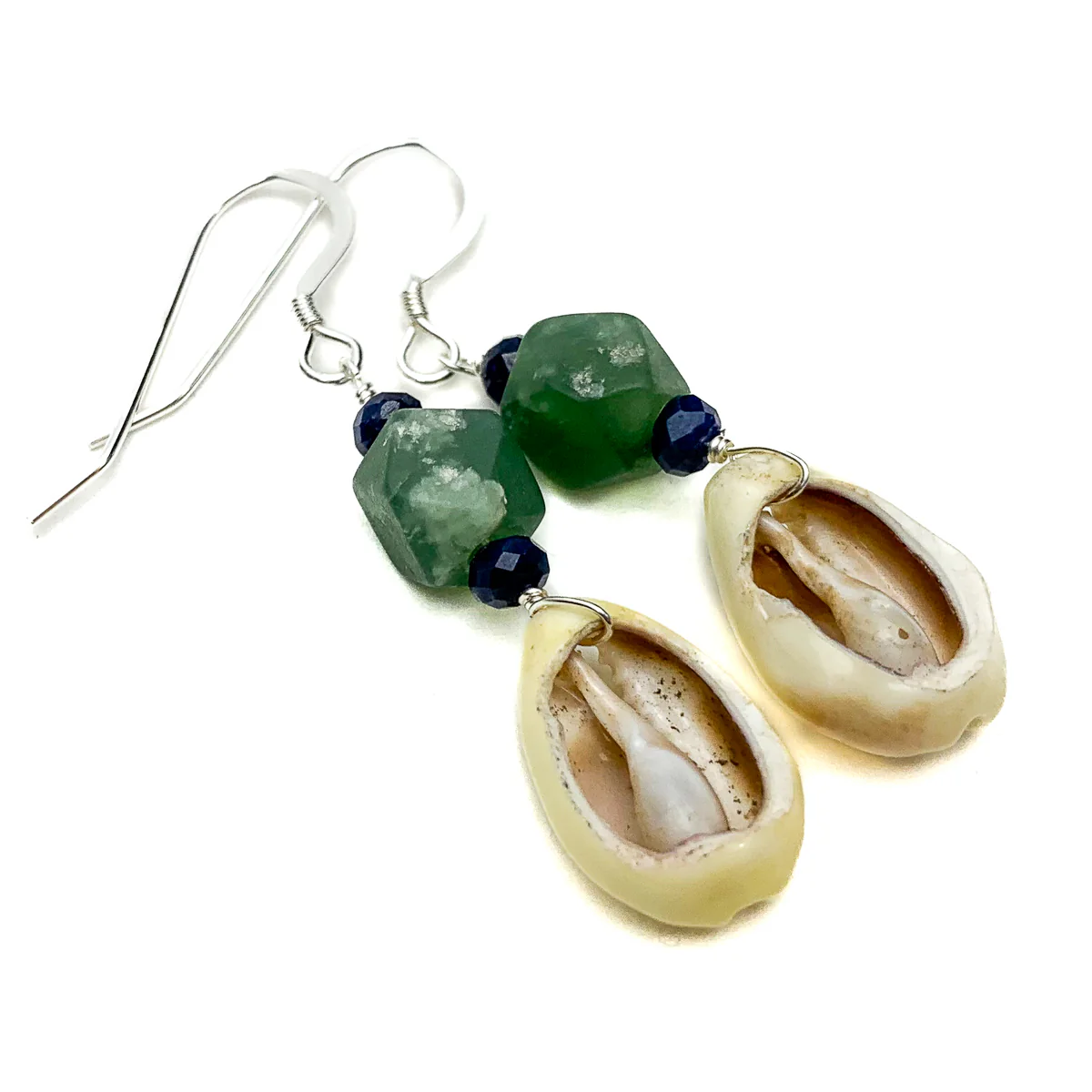 Cowrie Shell With Serpentine and Sapphire Earrings With Sterling Silver French Wires - Image 3