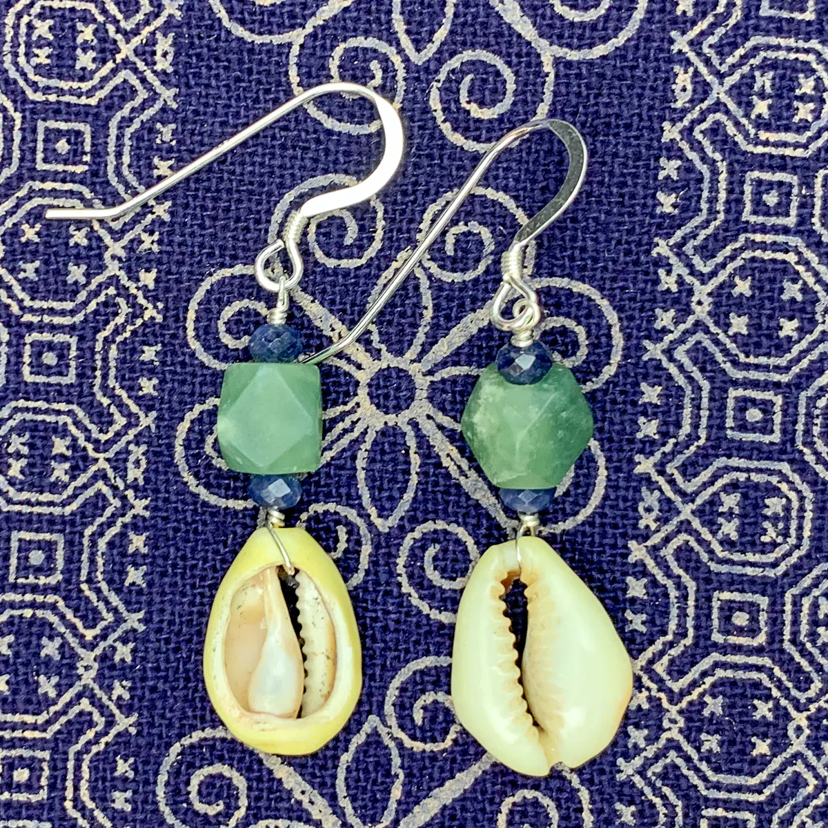 Cowrie Shell With Serpentine and Sapphire Earrings With Sterling Silver French Wires - Image 4
