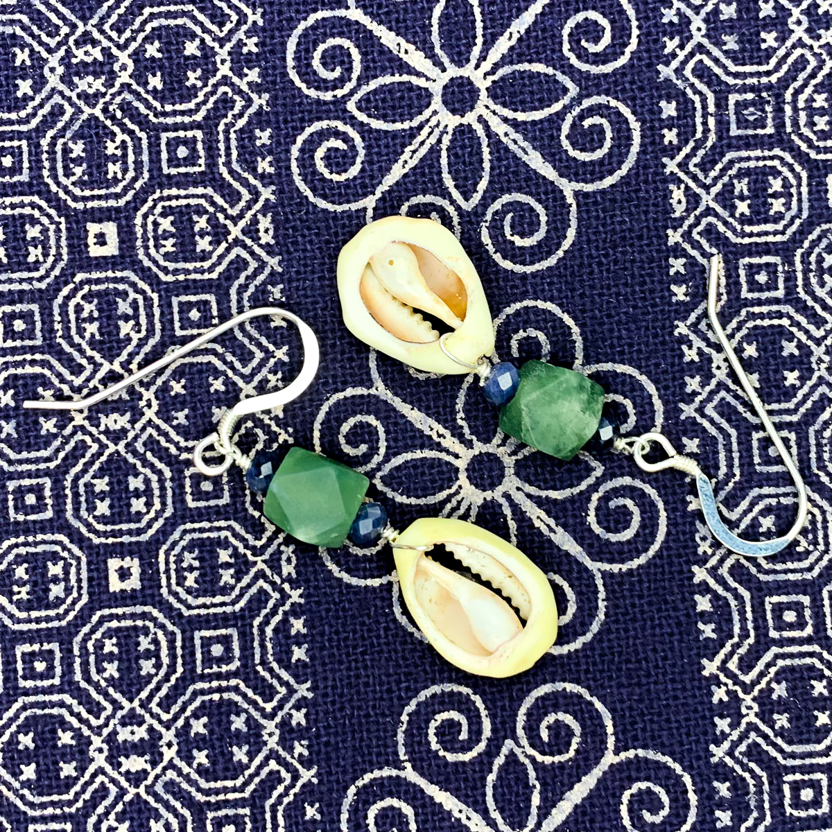 Cowrie Shell With Serpentine and Sapphire Earrings With Sterling Silver French Wires - Image 5