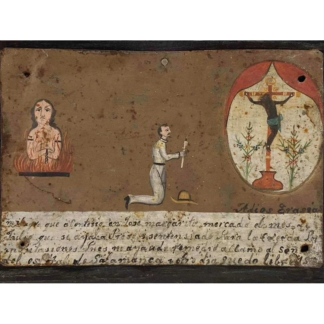 Cristo Negro / Christ of Esquipulas Spanish Colonial Mexican Tin Painted Retablo Ex Voto #1099 - Image 2