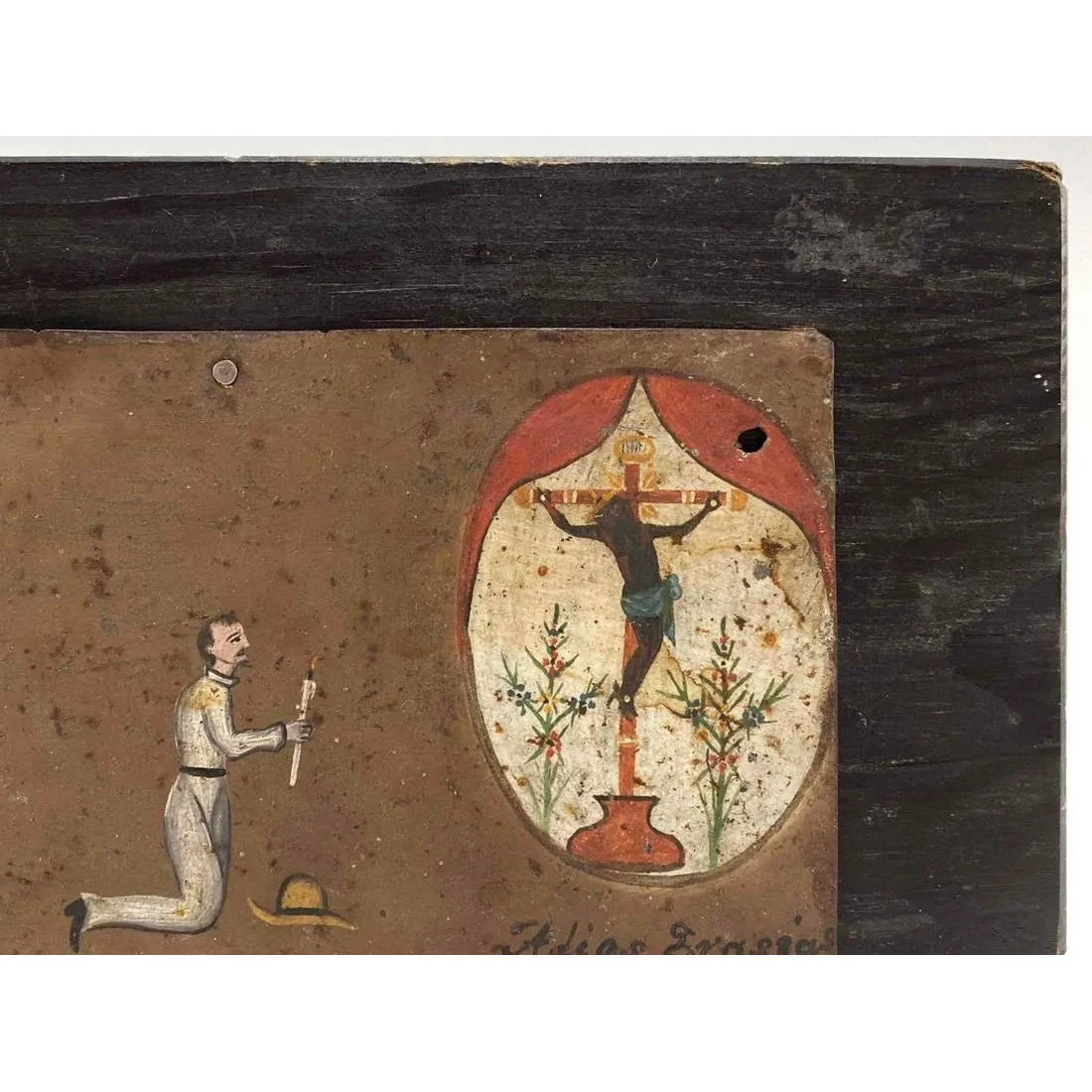 Cristo Negro / Christ of Esquipulas Spanish Colonial Mexican Tin Painted Retablo Ex Voto #1099 - Image 4