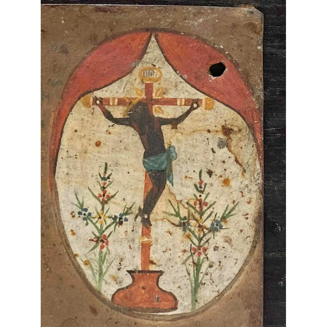 Cristo Negro / Christ of Esquipulas Spanish Colonial Mexican Tin Painted Retablo Ex Voto #1099 - Image 7