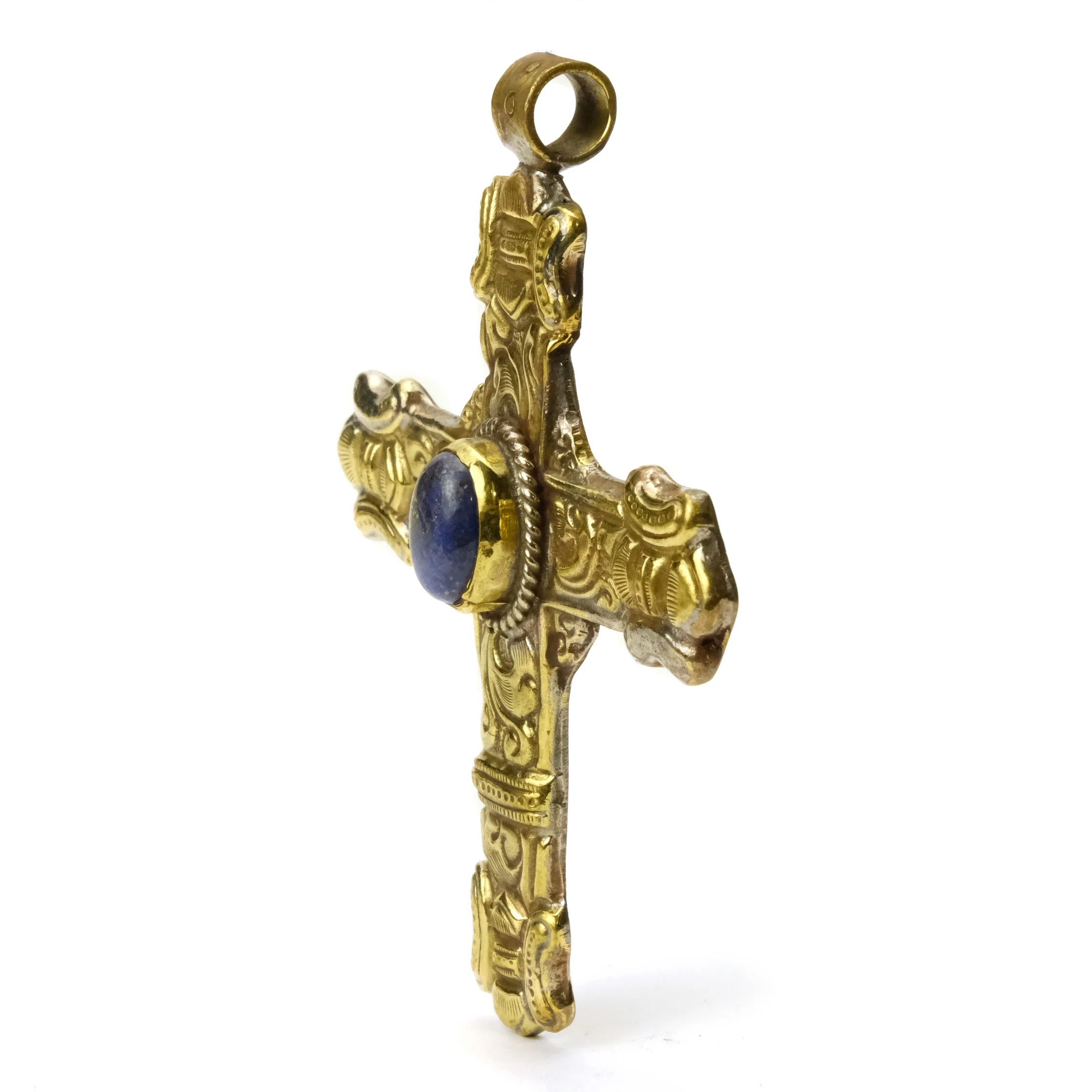 Cross Baroque Style with Lapis Lazuli Cabochon Pendant Gold Brass Large - Image 2